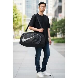 Nike Brasilia Medium Training Duffel Bag Black White Swoosh Gym Travel Bag